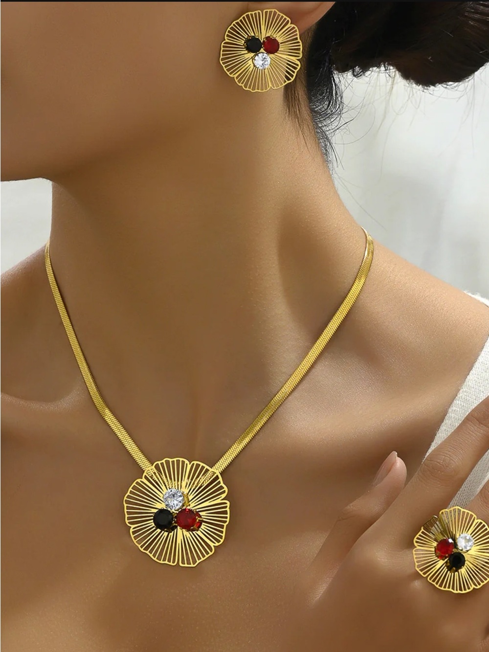 18K Gold Plated Flower Pendant Jewelry Set with Red and Black Accents - NWOT